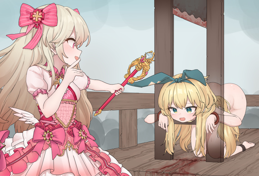 2girls absurdres alice_(grimms_notes) ass blonde_hair blood blood_splatter chaos_marie_(grimms_notes) cleavage_cutout clothing_cutout commission crowd decapitation dress execution frills gradient_hair grimms_notes guillotine hair_ribbon highres jewelry ju_ge long_hair multicolored_hair multiple_girls necklace nude open_mouth outstretched_arm pixiv_commission puffy_sleeves restrained ribbon tears wand weapon wings