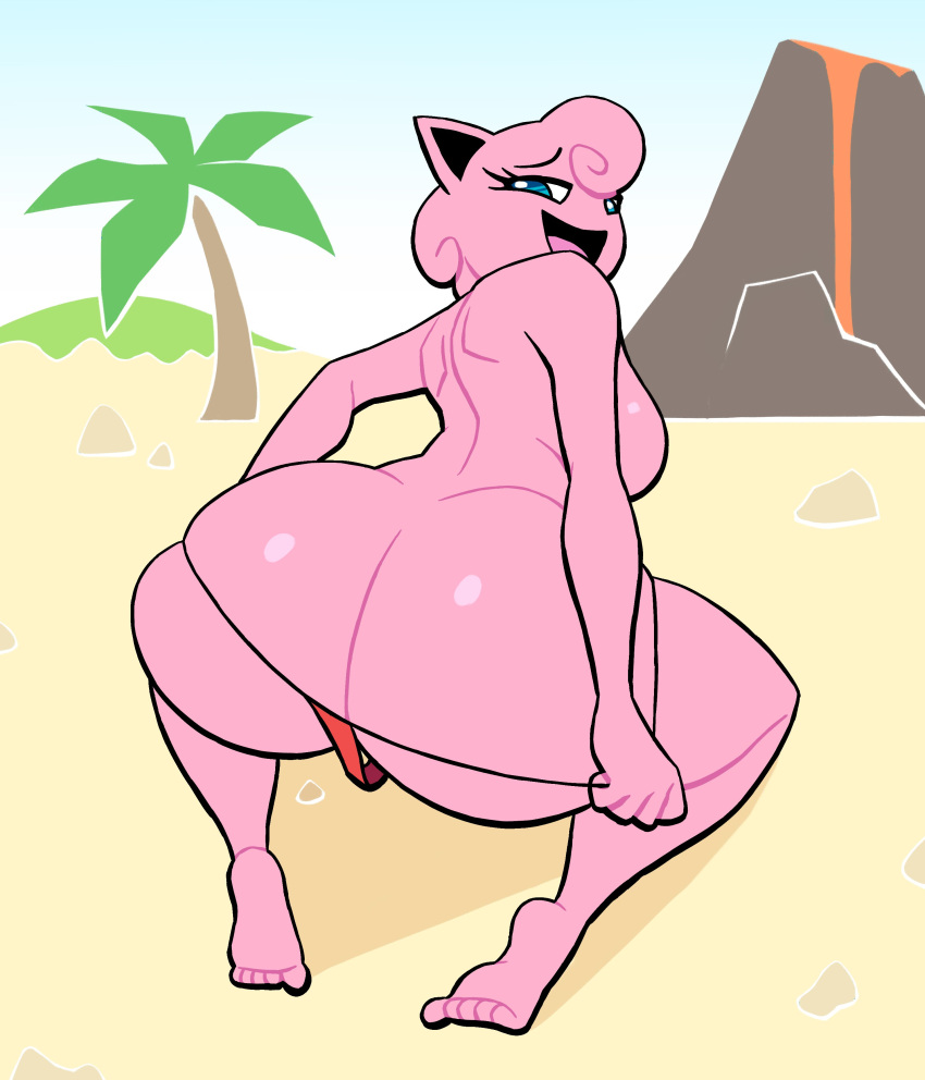 absurd_res anthro big_butt breasts butt clothing clothing_pull feet female generation_1_pokemon hi_res jigglypuff looking_back lovetopullmicke mostly_nude nintendo outside palm_tree pink_body plant pokemon pokemon_(species) pokemon_snap_xxx smile solo thong thong_pull tree underwear underwear_pull volcano