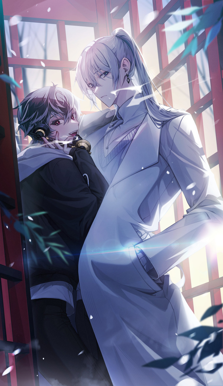 2boys absurdres ba_so_1125 black_hair blue_eyes closed_mouth earrings fang grey_hair highres holding holding_phone idolish7 jewelry long_hair looking_at_viewer male_focus momo_(idolish7) multicolored_hair multiple_boys open_mouth phone phone_booth ponytail re:vale red_eyes red_nails short_hair white_hair yuki_(idolish7)