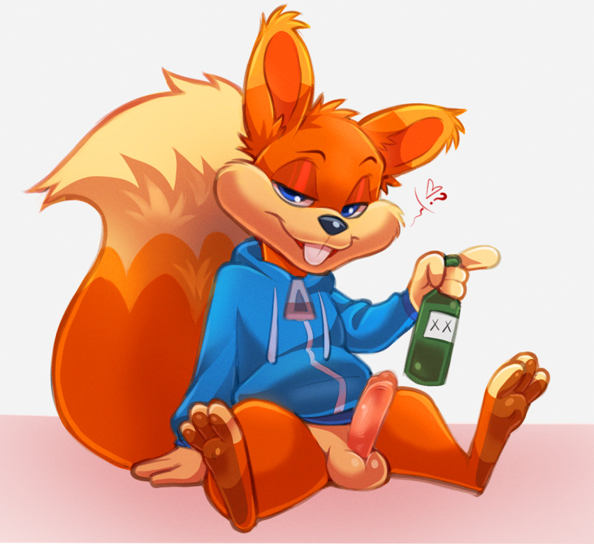 &lt;3 3_toes alcohol anthro balls barefoot bedroom_eyes beverage big_tail blue_clothing blue_eyes blue_hoodie blue_topwear bottle bottomless bottomless_anthro bottomless_male buckteeth clothed clothing conker conker's_bad_fur_day container digital_media_(artwork) drunk erection feet fluffy fluffy_tail fur genitals gesture hoodie hoodie_only male male_anthro mammal narrowed_eyes orange_body orange_fur penis pointing question_mark rareware rodent sciurid seductive short short_anthro short_male simple_background sitting smile smiling_at_viewer solo squirrel_tail substance_intoxication tail tan_balls tan_body tan_fur teeth toes topwear topwear_only tree_squirrel werewolfguts white_background zipper