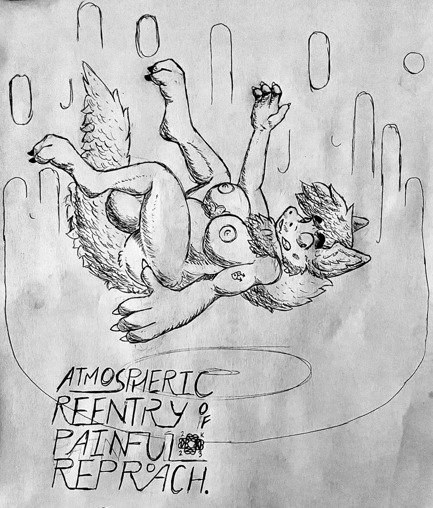 anthro areola balls belly big_balls big_breasts big_hands black_and_white breasts claws english_text falling fluffy fluffy_tail fur genitals graphite_(artwork) gynomorph hair hi_res inner_ear_fluff intersex mammal marrowbuster monochrome nipples nude overweight overweight_anthro overweight_gynomorph overweight_intersex paws pencil_(artwork) scared snout solo tail text traditional_media_(artwork) tuft unknown_species wide_eyed