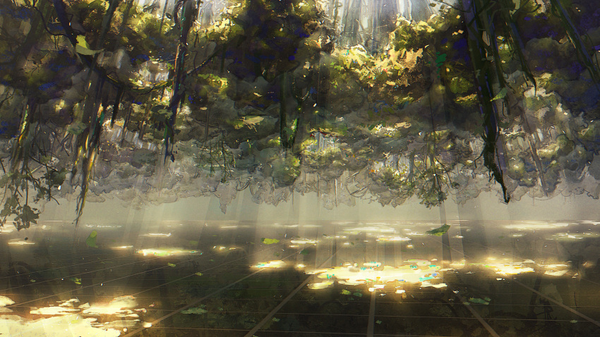 absurdres chinese_commentary commentary_request cyberspace falling_leaves forest game_cg girls'_frontline highres leaf light_rays manha_utsutsuki nature no_humans official_art plant reflective_floor scenery spoilers tree upside-down upside-down_world vines