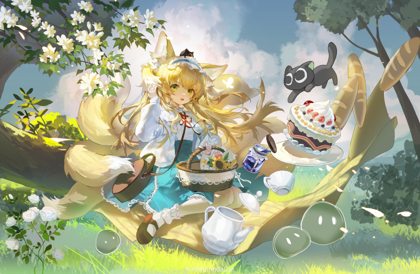 1girl absurdres animal_ear_fluff animal_ears arknights bag basket black_footwear blanket blonde_hair blue_hairband bread brown_bag cake cardigan cloud commentary_request creature_on_head cup day floating_hair flower food fox_ears fox_girl fox_tail frilled_hairband frills full_body grass green_eyes hairband handbag heixiu highres holding holding_basket incredibly_absurdres jar long_hair long_sleeves looking_at_viewer luo_xiaohei luo_xiaohei_zhanji mary_janes momodacat moss multiple_tails open_mouth outdoors plate rose shirt shoes sky socks solo sunflower suzuran_(arknights) suzuran_(spring_praise)_(arknights) tail teacup teapot tree weibo_logo white_cardigan white_flower white_rose white_shirt white_socks yellow_flower