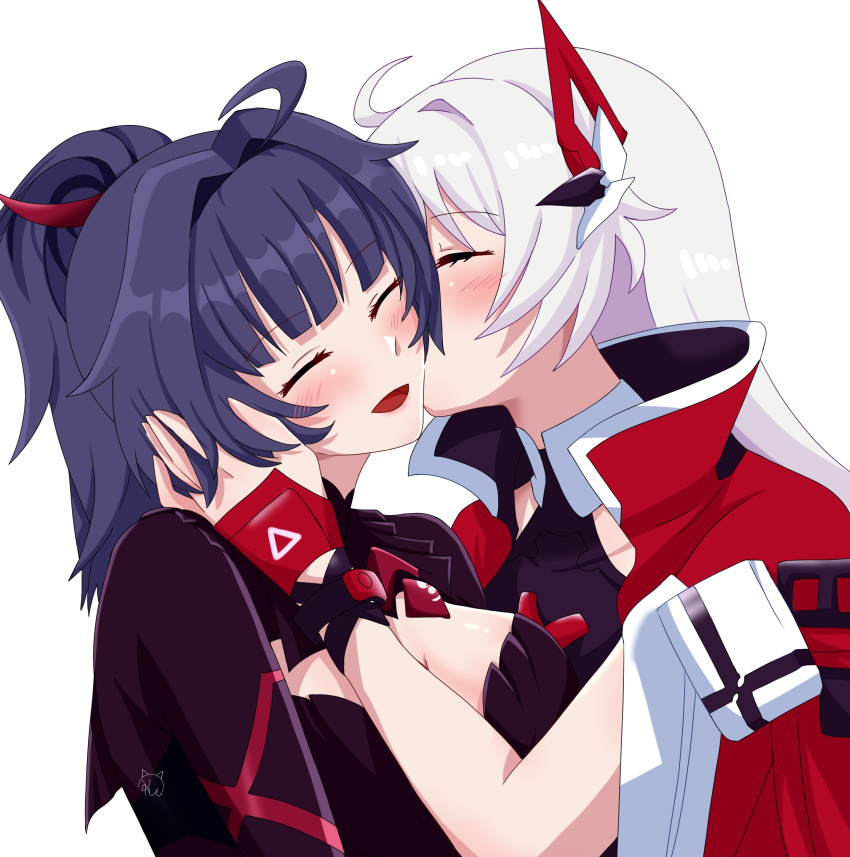 2girls absurdres ahoge blush breasts cleavage closed_eyes couple english_commentary hand_on_another's_cheek hand_on_another's_face high_ponytail highres honkai_(series) honkai_impact_3rd jacket japanese_clothes kiana_kaslana kiana_kaslana_(void_drifter) kiss kissing_cheek kudayunii large_breasts long_hair long_sleeves multiple_girls official_alternate_costume raiden_mei raiden_mei_(danzai_spectramancer) red_headwear red_jacket simple_background upper_body white_background white_hair yuri