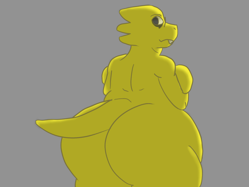 alphys anthro big_breasts big_butt breasts butt eyewear female glasses hi_res huge_butt lizard looking_at_viewer looking_back non-mammal_breasts nude reptile sbeve_wagon scalie simple_background smile solo tail teeth thick_thighs undertale undertale_(series) yellow_body