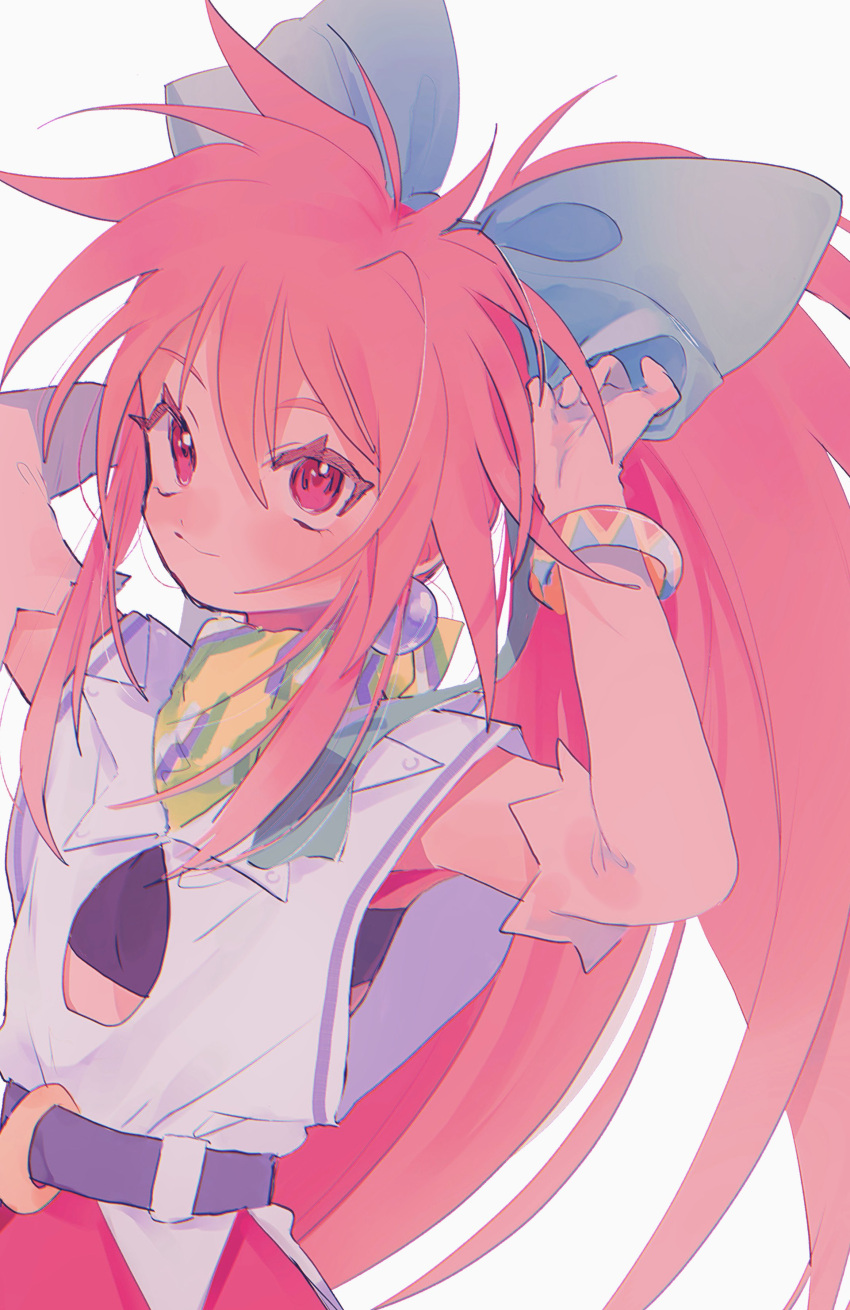 1girl absurdres arche_klein belt blue_ribbon bracelet earrings elbow_gloves gloves highres jewelry long_hair looking_at_viewer nancykittyu pants pink_eyes pink_hair pink_pants ponytail ribbon smile solo tales_of_(series) tales_of_phantasia wide_ponytail