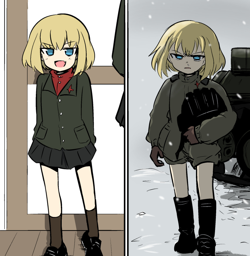 2girls before_and_after black_footwear black_gloves black_headwear black_skirt black_socks blonde_hair blue_eyes bob_cut boots commentary fang girls_und_panzer glaring gloves green_jacket green_jumpsuit grey_sky grimace half-closed_eyes headwear_removed helmet helmet_removed highres holding holding_helmet indoors jacket jumpsuit katyusha_(girls_und_panzer) loafers long_sleeves looking_at_viewer military military_uniform military_vehicle miniskirt motor_vehicle multiple_girls multiple_views open_mouth outdoors overcast pleated_skirt ponita-poniponi pravda_military_uniform pravda_school_uniform red_shirt runny_nose school_uniform shadow shirt shoes short_hair short_jumpsuit skin_fang skirt sky smile snot snow snowing socks standing symbol-only_commentary tank tank_helmet turtleneck uniform walking wooden_floor