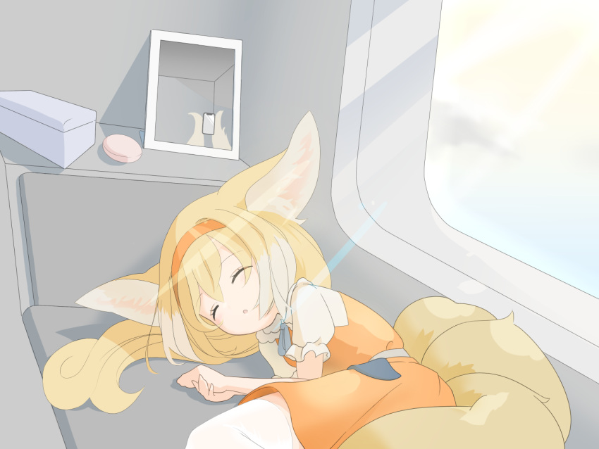 1girl animal_ear_fluff animal_ears arknights blonde_hair blue_ribbon closed_mouth commentary_request dress feigning_sleep fie_in_b86 fox_ears fox_girl fox_tail hairband kitsune kyuubi long_hair lying mirror multicolored_hair multiple_tails neck_ribbon official_alternate_costume on_side orange_dress orange_hairband parted_lips pinafore_dress prehensile_tail puffy_short_sleeves puffy_sleeves reflection ribbon selfie shirt short_sleeves sleeveless sleeveless_dress solo suzuran_(arknights) suzuran_(let's_carnival!)_(arknights) tail thighhighs two-tone_hair white_hair white_shirt white_thighhighs