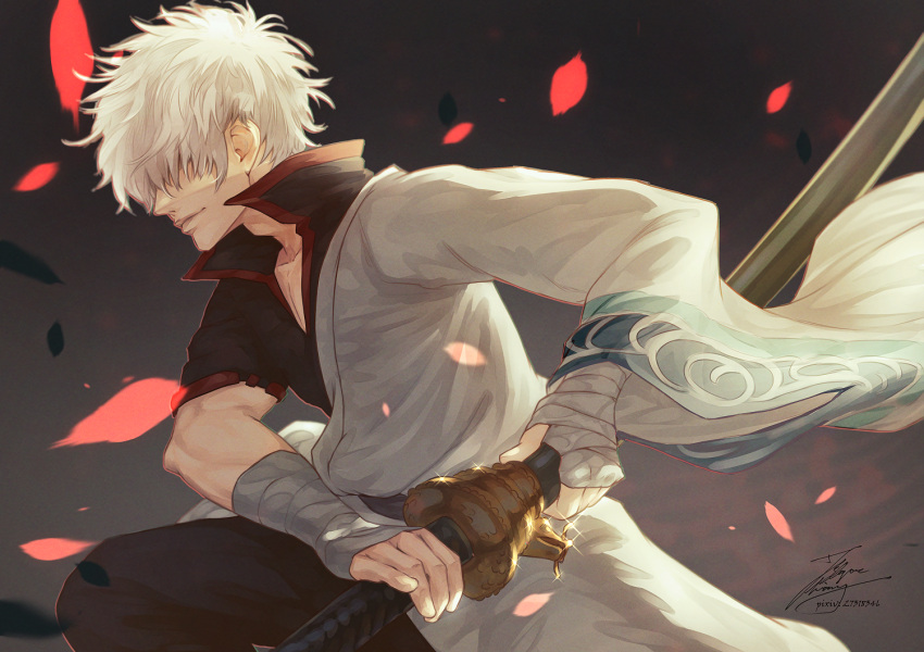 1boy bandaged_hand bandages closed_mouth drawing_sword fadingz from_side gintama grey_background hadanugi_dousa hair_over_one_eye holding holding_sword holding_weapon japanese_clothes kimono male_focus petals sakata_gintoki short_hair signature solo sword weapon white_hair wide_sleeves