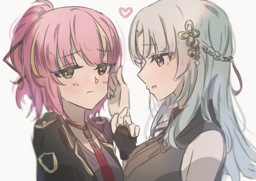 2girls absurdres assault_lily bare_shoulders bell black_gloves black_jacket blonde_hair blurry blush braid breasts brown_ribbon closed_mouth collared_shirt depth_of_field enomoto_komomo fingerless_gloves flower_knot french_braid from_side gloves grey_background grey_hair hair_bell hair_ornament hair_ribbon hand_up heart highres holding_another's_hair jacket jingle_bell jiropi light_smile looking_at_another looking_at_viewer looking_to_the_side medium_breasts multicolored_hair multiple_girls neck_ribbon necktie open_clothes open_jacket parted_lips pink_eyes pink_hair ponytail profile raised_eyebrows red_necktie red_ribbon ribbon school_uniform shirt short_hair simple_background sleeveless sleeveless_shirt streaked_hair sumitani_miki two-tone_hair upper_body yellow_eyes yuri
