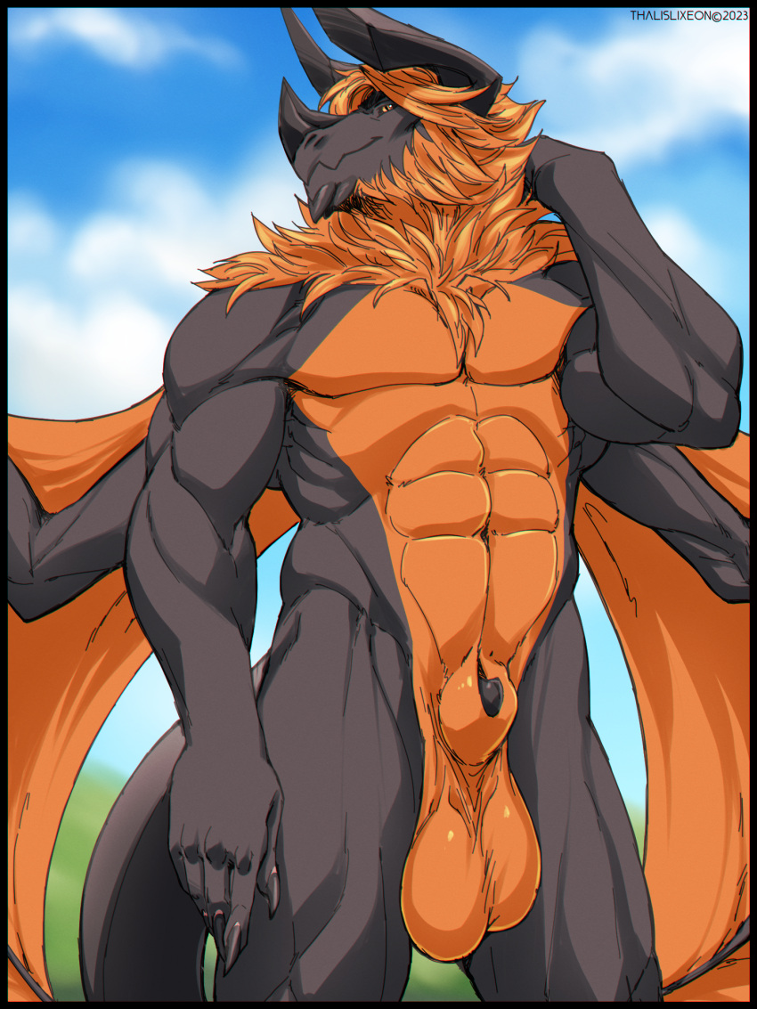 animal_genitalia animal_penis anor_nikimura anthro balls claws dragon genitals hi_res horn male mane muscular muscular_male peeking_penis penis pose presenting presenting_balls presenting_penis saggy_balls scalie sheath solo spread_wings story story_in_description thalislixeon western_dragon wings