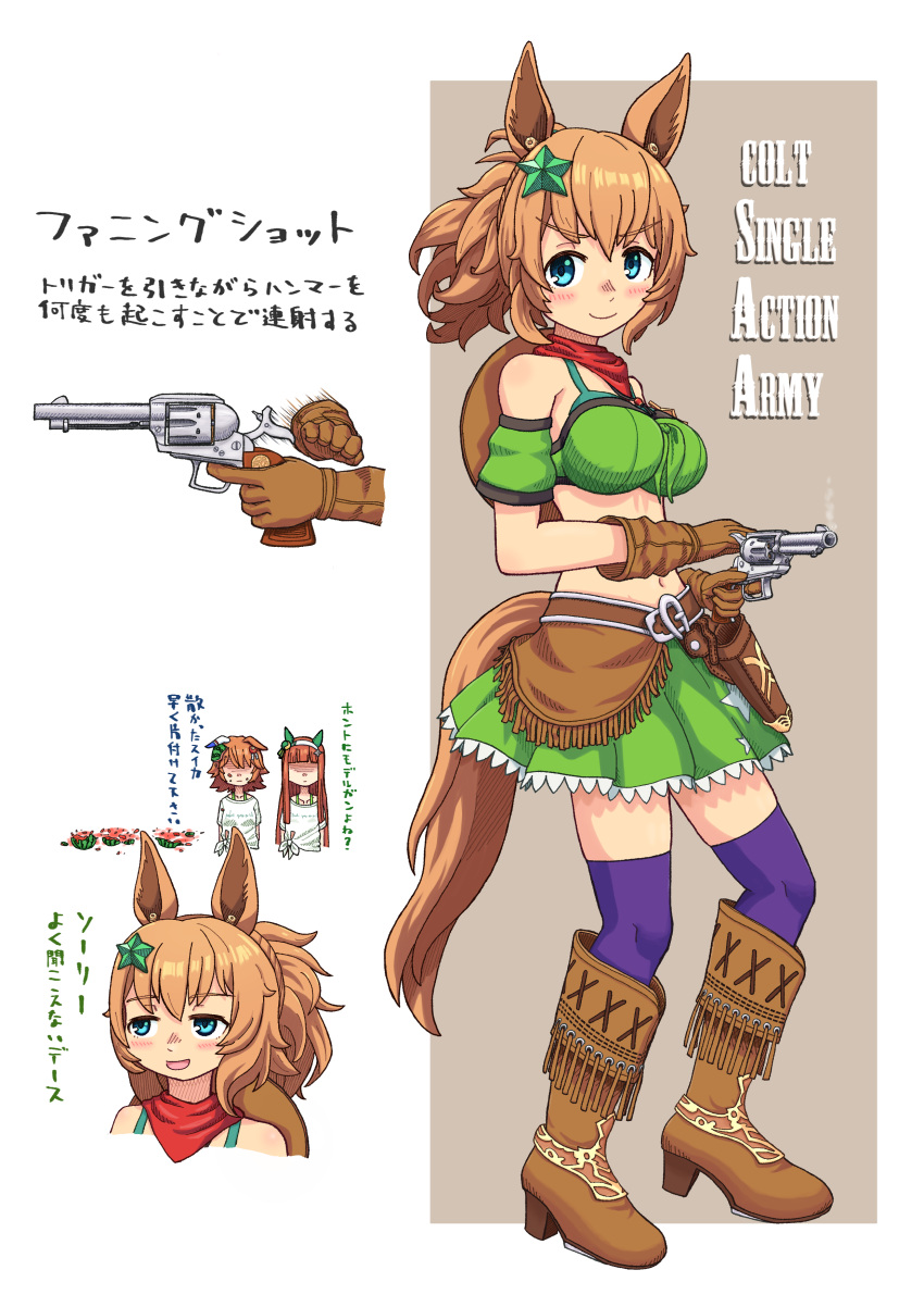 3girls absurdres animal_ears bandana bare_shoulders boots breasts brown_footwear brown_gloves brown_hair closed_mouth clover clover_hair_ornament colt_single_action_army commentary_request daruma_doll detached_sleeves ear_covers ears_down finger_on_trigger food four-leaf_clover fruit full_body gloves green_skirt gun hair_between_eyes hair_ornament hairband highres horse_ears horse_girl large_breasts long_hair looking_at_viewer matikanefukukitaru_(umamusume) medium_hair midriff mizuta_m1934 multiple_girls multiple_views navel orange_hair ponytail purple_thighhighs red_bandana revolver shirt silence_suzuka_(umamusume) simple_background single_ear_cover skirt smoke smoking_gun star_(symbol) star_hair_ornament taiki_shuttle_(umamusume) thighhighs tied_shirt translated translation_request umamusume watermelon weapon white_hairband white_shirt