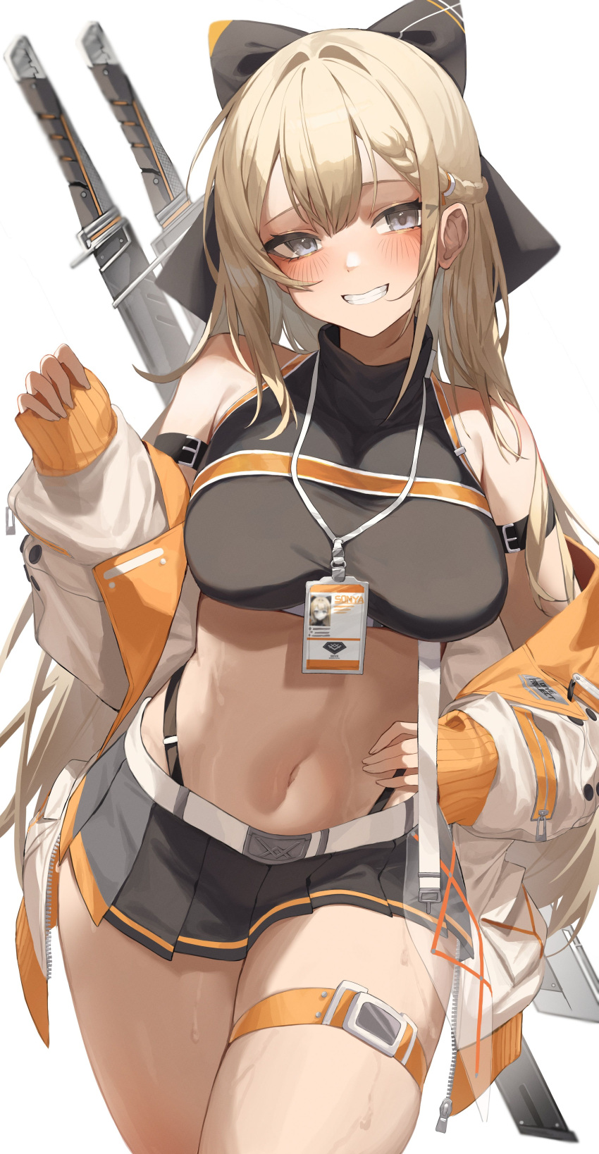 1girl absurdres arm_belt artist_request bare_shoulders black_shirt black_skirt blonde_hair blue_eyes bow braid breasts commission cowboy_shot crop_top grin hair_bow hand_on_own_hip hand_up highleg highres id_card jacket large_breasts long_hair long_sleeves looking_at_viewer midriff miniskirt navel off_shoulder open_clothes open_jacket original pleated_skirt second-party_source shirt simple_background skirt sleeveless sleeveless_shirt sleeveless_turtleneck smile solo sonya_(schan) standing stomach strap sword thigh_strap thighs turtleneck very_long_hair weapon weapon_on_back wet white_background white_jacket