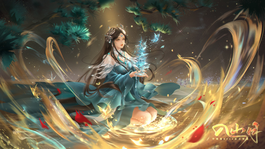1girl absurdres blue_dress blue_eyes brown_hair bug butterfly cupping_hands douluo_dalu dress energy falling_petals floating floating_object glowing hair_ornament highres kneeling_on_liquid long_hair long_sleeves night ning_rongrong_(douluo_dalu) own_hands_together petals ripples second-party_source sha_shan solo star_(sky) water