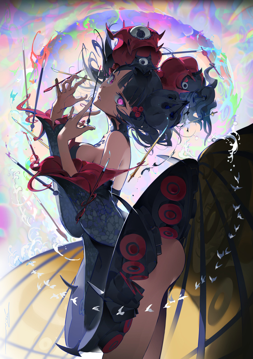 1girl absurdres alternate_costume art_brush ass bare_shoulders black_dress black_hair breasts commentary_request detached_sleeves double_bun dress eyeball fate/grand_order fate_(series) hair_bun hair_ornament hands_up highres holding holding_paintbrush katsushika_hokusai_(fate) looking_at_viewer medium_breasts medium_hair multicolored_background paintbrush parted_lips purple_eyes ruint shaft_look slit_pupils standing tentacles