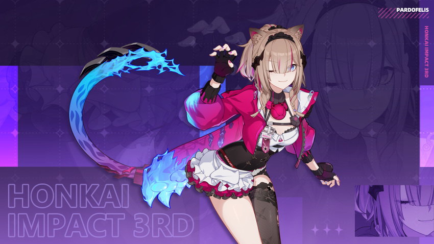 1girl animal_ear_fluff animal_ears black_gloves black_thighhighs blue_eyes braid cat_ears cat_girl cat_tail character_name chinese_commentary fingerless_gloves gloves high_ponytail highres honkai_(series) honkai_impact_3rd jacket logo looking_at_viewer medium_hair nail official_alternate_costume official_art official_wallpaper one_eye_closed open_hands pardofelis_(honkai_impact) pink_jacket pink_sleeves purple_background single_bare_leg single_thighhigh skirt smile solo tail thighhighs upper_body white_skirt