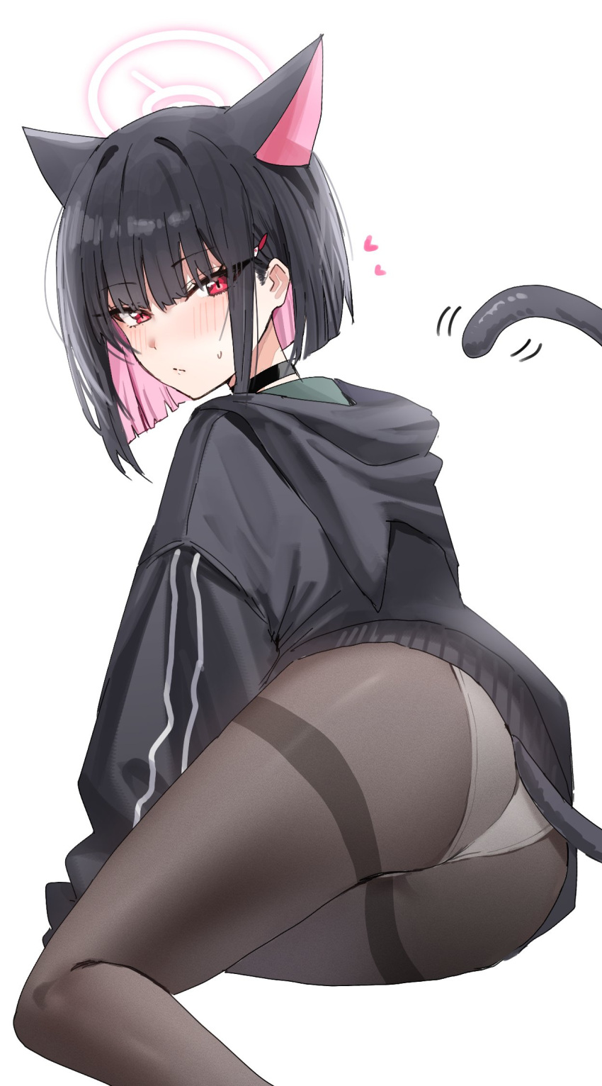 1girl animal_ears black_choker black_hoodie black_jacket blue_archive cat_ears cat_tail choker colored_inner_hair extra_ears halo highres hood hooded_jacket hoodie horn/wood jacket kazusa_(blue_archive) looking_at_viewer multicolored_hair no_pants panties panties_under_pantyhose pantyhose pink_halo red_eyes short_hair tail thighband_pantyhose two-tone_hair underwear white_background white_panties