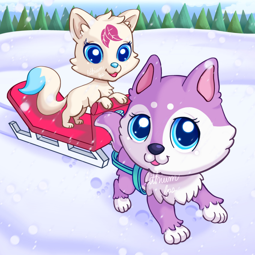 all_fours ambiguous_gender big_eyes big_head blue_eyes canid canine canis circle_eyebrows detailed_background domestic_dog duo eyebrows feral fluffy fox hasbro hi_res husky lady_luck_(lps) lithiumlps littlest_pet_shop lps_2110 mammal nordic_sled_dog paws plant sled smile snow snowing spitz tree walking