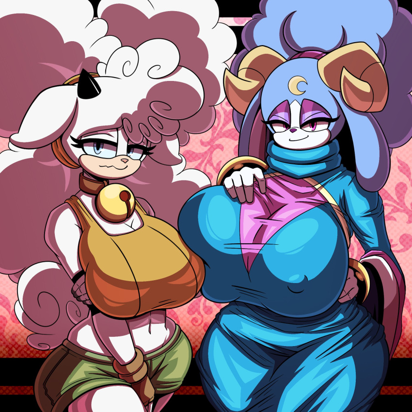 1:1 2_horns anthro ariem_(sonic) bedroom_eyes big_breasts big_hair black_horn black_pupils blue_body blue_ears blue_eyes blue_fur blue_sclera blue_wool bottomwear bovid breast_size_difference breasts brown_clothing brown_fingerless_gloves brown_gloves brown_handwear caprine cleavage closed_smile clothed clothing countershading cxrryart disembodied_hand duo eyeshadow female fingerless_gloves floppy_ears fluffy fluffy_hair fur gloves hair handwear hi_res horn huge_breasts idw_publishing lanolin_the_sheep_(sonic) looking_at_viewer makeup mammal midriff mouth_closed narrowed_eyes nipple_outline pink_eyes pink_nose pupils purple_eyeshadow purple_nose robe seductive sega sheep smile sonic_dream_team sonic_the_hedgehog_(comics) sonic_the_hedgehog_(idw) sonic_the_hedgehog_(series) tan_body tan_countershading tan_horn tan_skin tied_hair topwear wavy_mouth white_body white_clothing white_countershading white_ears white_fur white_gloves white_handwear white_wool wool_(fur)