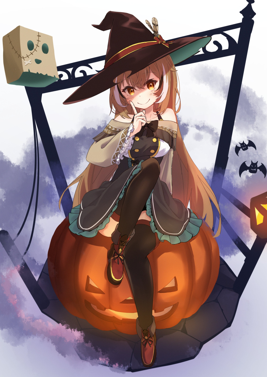 1girl absurdres alternate_costume ankle_boots bat_(animal) black_thighhighs boots brown_dress brown_eyes brown_hair cloud cloudy_sky crossed_bangs dress feathers friend_(nanashi_mumei) frilled_sleeves frills halloween hat highres hololive hololive_english index_finger_raised jack-o'-lantern long_hair looking_at_viewer mikaso_(mkmkmikaso) multicolored_hair nanashi_mumei sky smile stitches streaked_hair thighhighs very_long_hair virtual_youtuber witch witch_hat