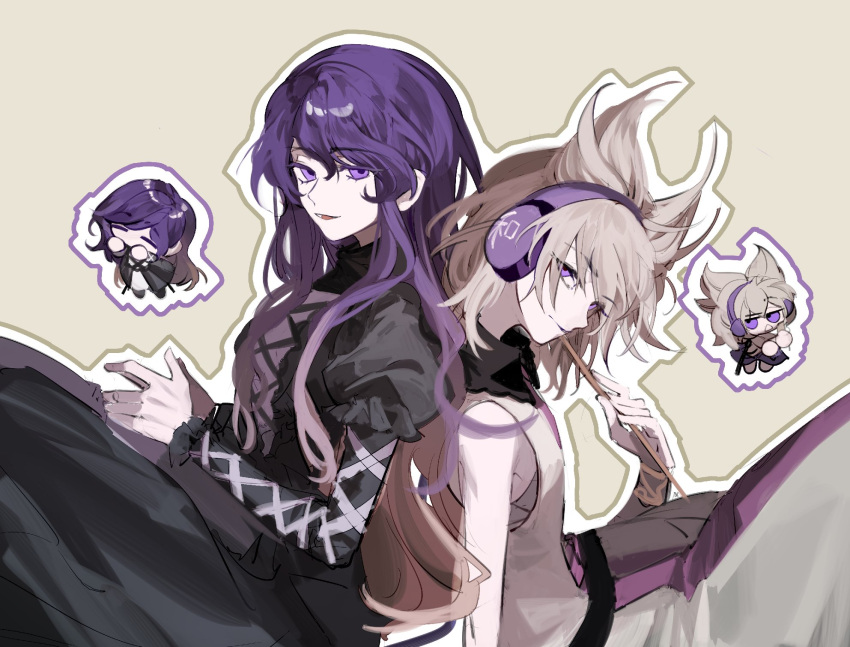 2girls back-to-back black_dress bracelet closed_eyes closed_mouth dress highres hijiri_byakuren jewelry juliet_sleeves light_brown_hair long_hair long_sleeves multiple_girls open_mouth pointy_hair puffy_sleeves purple_eyes purple_hair ritual_baton shirt short_hair sleeveless sleeveless_shirt smile touhou toyosatomimi_no_miko white_dress white_shirt xian_qishui