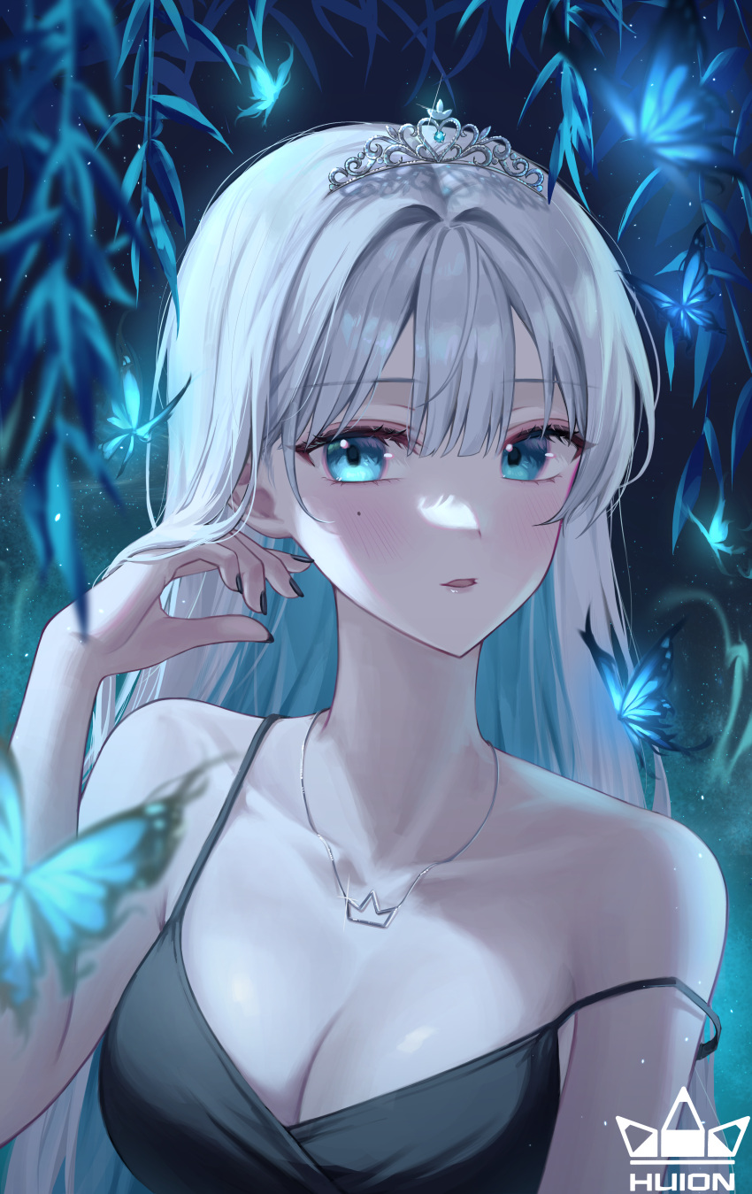 1girl absurdres aqua_eyes aqua_hair black_dress black_nails blue_butterfly blunt_bangs blush breasts bug butterfly cleavage collarbone colored_inner_hair dress glint grey_hair hair_between_eyes hair_intakes hand_in_own_hair highres huion jewelry logo looking_at_viewer medium_breasts mole mole_under_eye multicolored_hair necklace off_shoulder original parted_lips tiara willow wolla