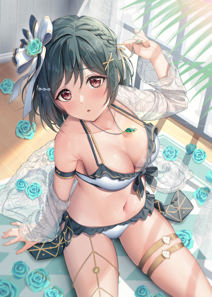 1girl :o absurdres aqua_rose arms_up bikini blush bow braid breasts carpet cleavage collarbone day flower frilled_bikini frills from_above green_hair hair_bow hair_flower hair_ornament hair_ribbon hairclip highres indoors jewelry long_sleeves looking_at_viewer looking_up love_live! love_live!_nijigasaki_high_school_idol_club medium_breasts mifune_shioriko necklace off_shoulder oku_1225 on_floor open_clothes open_mouth red_eyes ribbon see-through short_hair single_bare_shoulder sitting solo swimsuit thighlet white_bikini white_bow white_ribbon window_shade x_hair_ornament