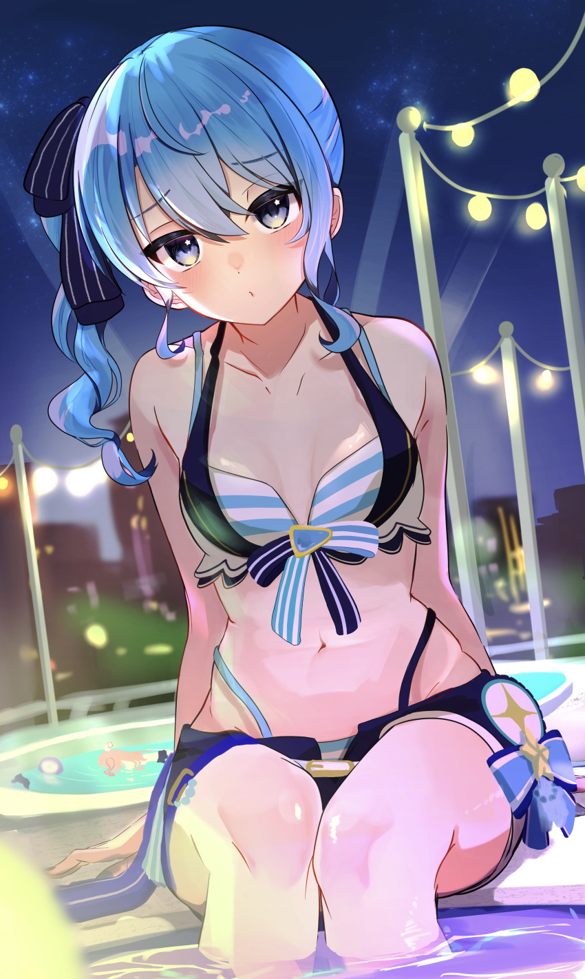 1girl absurdres bikini bikini_under_shorts blue_eyes blue_hair blush breasts front-tie_bikini_top front-tie_top hair_between_eyes hair_ribbon high-waist_bikini highleg highleg_bikini highres hololive hololive_summer_2023_swimsuit hoshimachi_suisei layered_bikini long_hair looking_at_viewer medium_hair night nonco_no official_alternate_costume open_mouth outdoors ribbon side_ponytail small_breasts solo star_(symbol) star_in_eye striped striped_bikini swimsuit symbol_in_eye virtual_youtuber