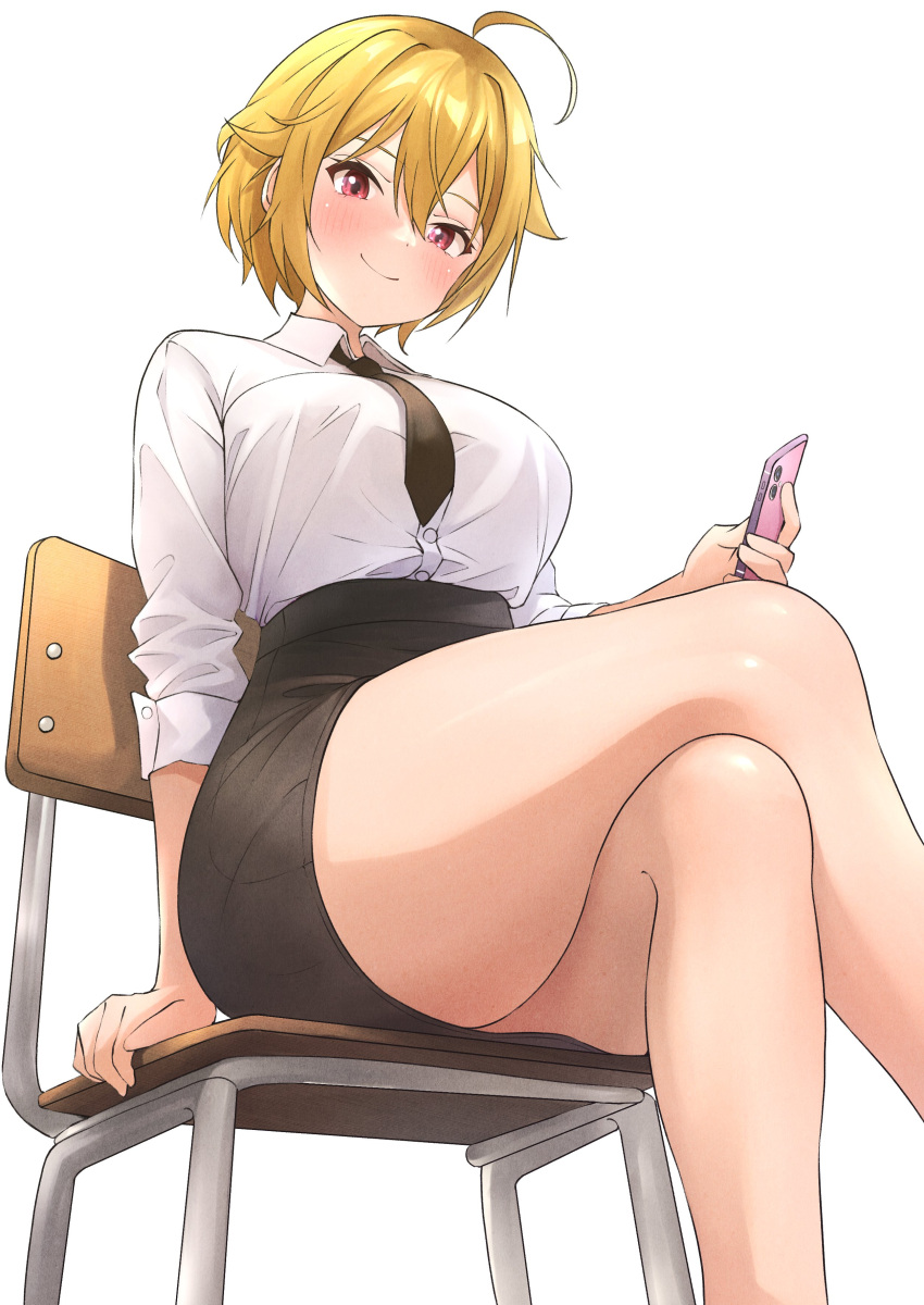 1girl absurdres ahoge alternate_costume arm_support b1ack_illust bare_legs black_necktie black_skirt blonde_hair blush breasts cellphone chair crossed_legs feet_out_of_frame highres holding holding_phone ibuki_tsubasa idolmaster idolmaster_million_live! large_breasts necktie phone red_eyes school_chair school_uniform shirt shirt_tucked_in short_hair simple_background skirt sleeves_rolled_up smile solo white_background white_shirt