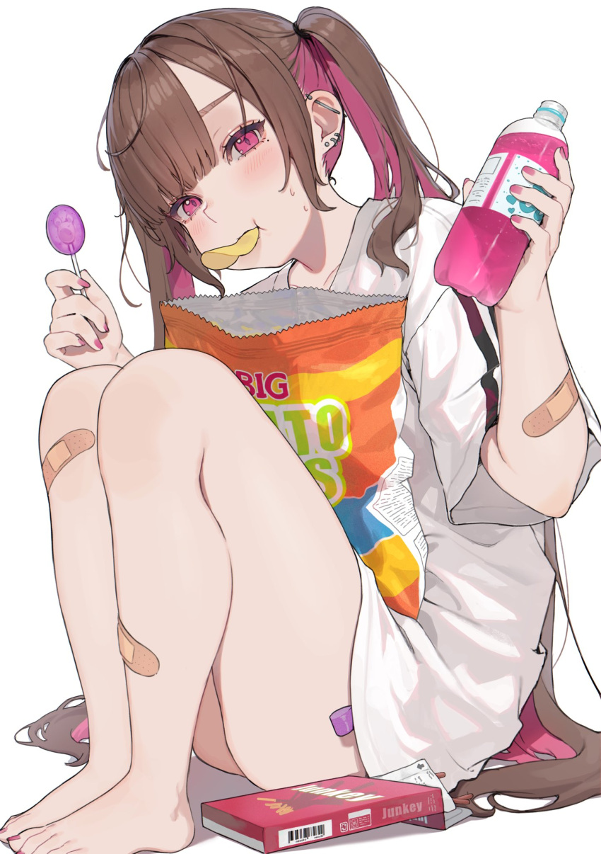 1girl bag_of_chips bandaid bandaid_on_leg bottle brown_hair candy chips_(food) colored_inner_hair daluto_(hitomi555) ear_piercing food food_in_mouth highres holding holding_bottle holding_candy holding_food holding_lollipop lollipop looking_at_viewer multicolored_hair original piercing pink_eyes pink_hair plastic_bottle pocky potato_chips shirt short_sleeves simple_background sitting solo sweat twintails white_background white_shirt