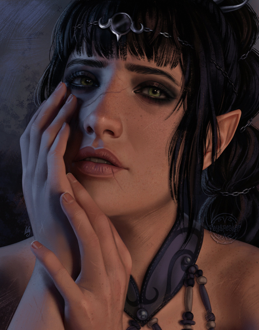 1girl absurdres baldur's_gate baldur's_gate_3 black_hair circlet dungeons_and_dragons elf feyspeaker green_eyes hand_on_own_face highres jewelry looking_at_viewer necklace pointy_ears portrait realistic scar scar_on_face scar_on_nose shadowheart_(baldur's_gate) solo