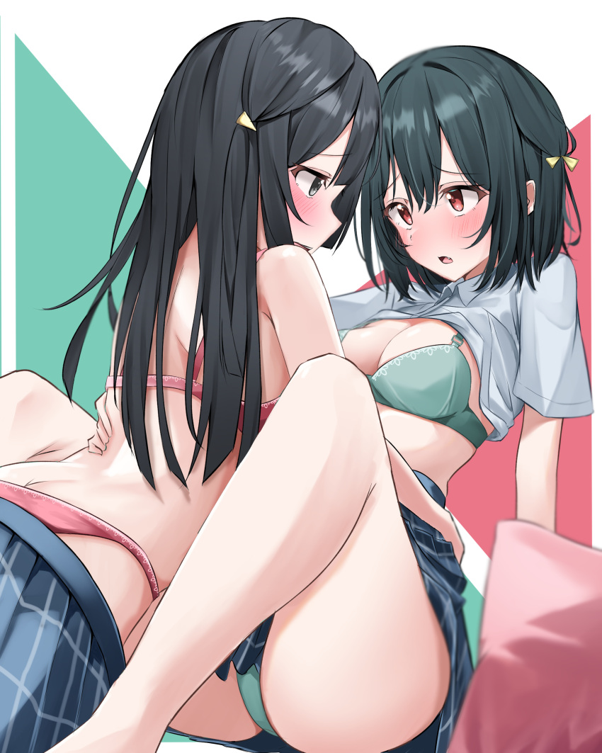 2girls absurdres arm_at_side bare_arms bare_legs bare_shoulders black_hair blue_skirt blurry blurry_foreground blush bra breasts butt_crack cleavage clothes_lift clothes_pull collared_shirt commentary_request commission depth_of_field eye_contact face-to-face fang feet_out_of_frame green_background green_bra green_eyes green_panties grey_shirt hair_between_eyes hair_ornament hair_ribbon hand_on_another's_waist highres knees_up leaning_back leaning_forward leaning_on_person long_hair looking_at_another love_live! love_live!_nijigasaki_high_school_idol_club lowlight1010 medium_breasts mifune_shioriko miniskirt multicolored_background multiple_girls nijigasaki_academy_school_uniform no_shirt no_shoes panties parted_lips pillow pixiv_commission plaid plaid_skirt raised_eyebrows red_background red_bra red_eyes red_panties ribbon school_uniform shirt shirt_lift short_hair short_sleeves sitting skirt skirt_pull strap_gap teeth underwear upper_teeth_only upskirt white_background yellow_ribbon yuri yuuki_setsuna_(love_live!)