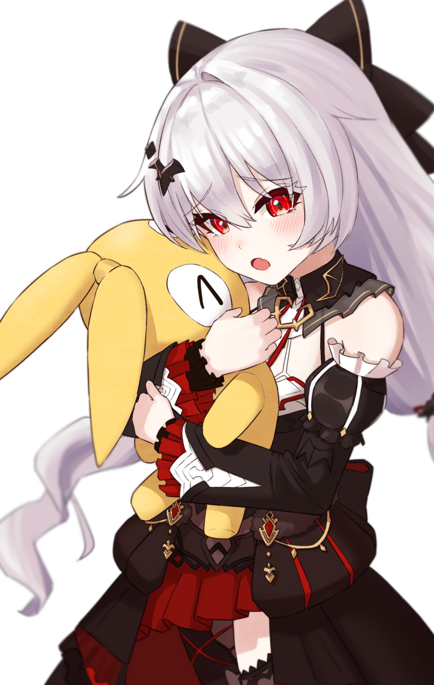 &gt;_&lt; 1girl absurdres bare_shoulders black_bow black_dress black_sleeves blush bow commentary_request detached_sleeves dress erio_dazima fang frilled_sleeves frills hair_between_eyes hair_bow hair_ornament highres homu_(honkai_impact) honkai_(series) honkai_impact_3rd hugging_object juliet_sleeves long_hair long_sleeves looking_at_viewer luna_(honkai_impact) open_mouth puffy_sleeves red_eyes simple_background solo stuffed_toy very_long_hair white_background white_hair