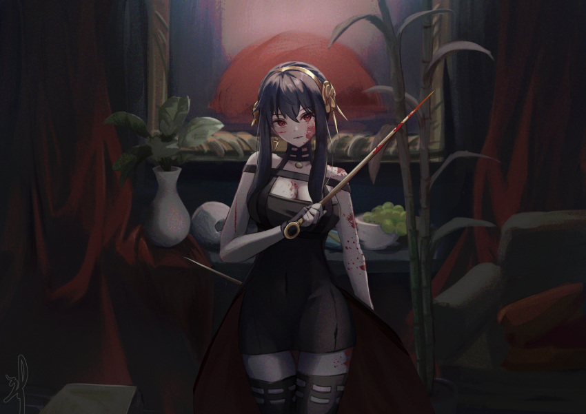 1girl bare_shoulders black_dress black_gloves black_hair black_thighhighs blood blood_on_arm blood_on_chest blood_on_face blood_on_leg blood_on_weapon bowl breasts cleavage closed_mouth collarbone commentary couch covered_navel cowboy_shot dagger dress dual_wielding essukaa_(e-su) fingerless_gloves food fruit gloves gold_hairband hair_between_eyes hairband highres holding holding_dagger holding_knife holding_weapon knife looking_at_viewer painting_(object) plant red_eyes short_hair_with_long_locks solo spy_x_family thighhighs vase weapon yor_briar
