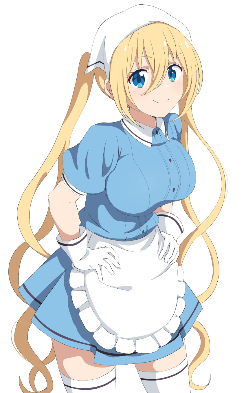 1girl absurdres apron blend_s blonde_hair blue_eyes blue_shirt breasts crust_gm0 frilled_apron frills gloves hair_between_eyes head_scarf highres hinata_kaho large_breasts long_hair looking_at_viewer shirt short_sleeves simple_background smile solo stile_uniform thighhighs twintails waist_apron waitress white_apron white_background white_gloves white_thighhighs