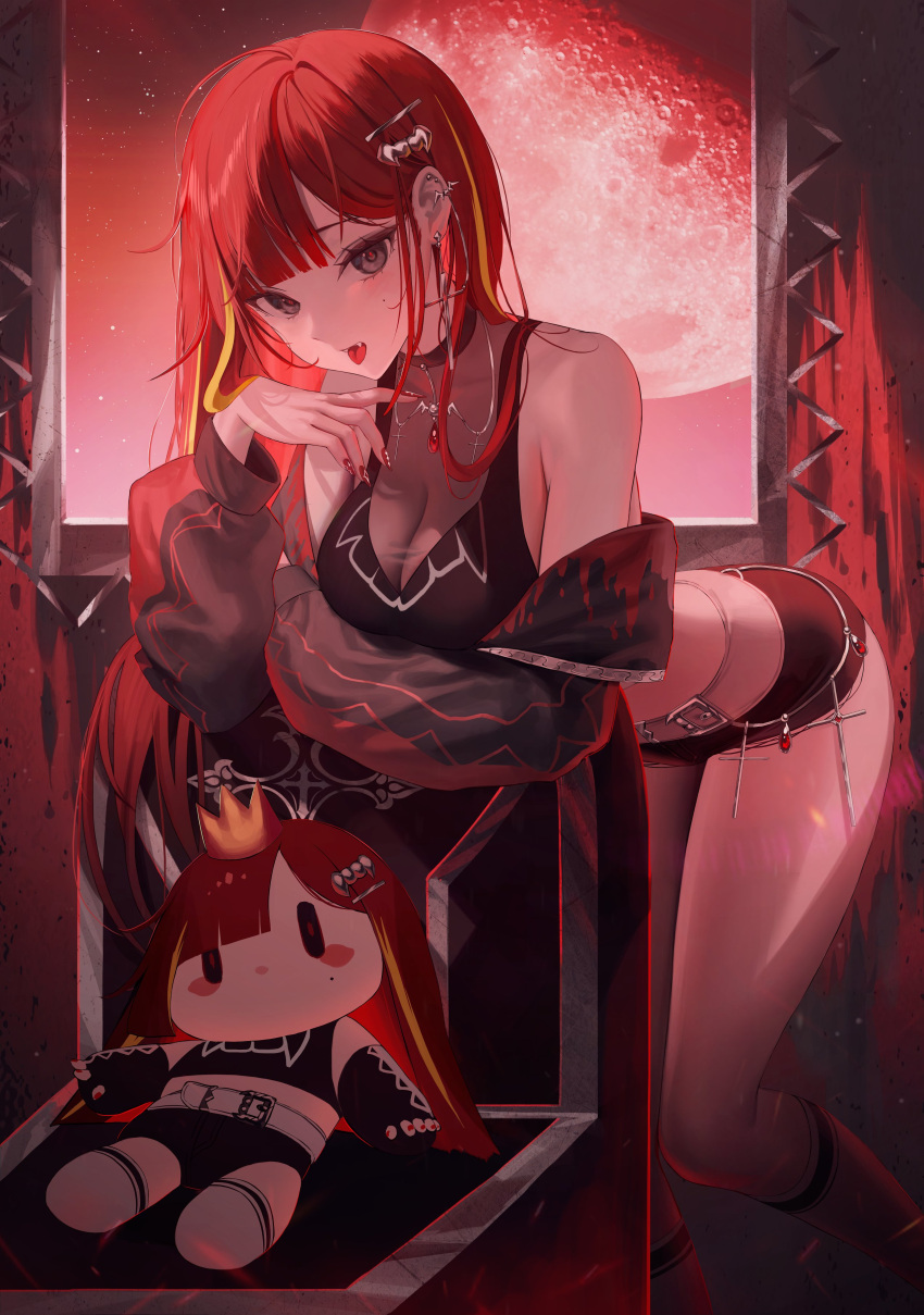 1girl absurdres akane_lize bare_shoulders belt bent_over black_choker black_eyes black_jacket black_shirt black_shorts breasts chair character_doll choker cleavage crop_top cutoffs fangs hair_ornament hairclip highres jacket kneehighs large_breasts long_hair long_sleeves looking_at_viewer micro_shorts midriff mole mole_on_cheek moon multicolored_hair off_shoulder open_mouth red_hair red_moon red_theme see-through_cleavage shirt short_shorts shorts sleeveless sleeveless_shirt socks solo stellive streaked_hair taut_clothes thighs tokkihouse tongue tongue_out very_long_hair virtual_youtuber