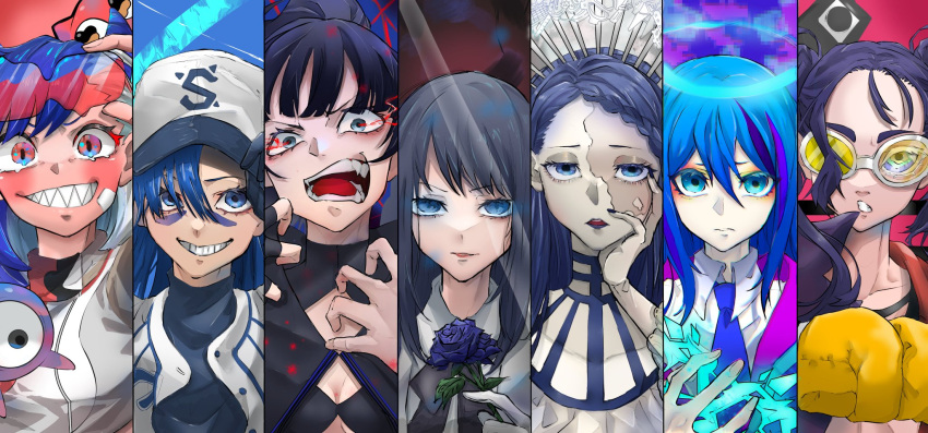 6+girls ado_(utaite) ashura-chan baseball_cap blue_eyes blue_flower blue_hair blue_rose boxing_gloves braid closed_mouth column_lineup creator_connection flower forehead frown gira_gira gloves goggles goggles_on_head grin hair_between_eyes hair_over_one_eye hand_on_own_face hat high_ponytail highres long_hair looking_at_viewer merry_(readymade) multicolored_hair multiple_girls naima_(usseewa) odo_(song) open_mouth parted_lips portrait purple_hair readymade red_eyes rose sharp_teeth smile straight-on streaked_hair teeth twintails usseewa wasabe1020 white_gloves yellow_gloves yoru_no_pierrot