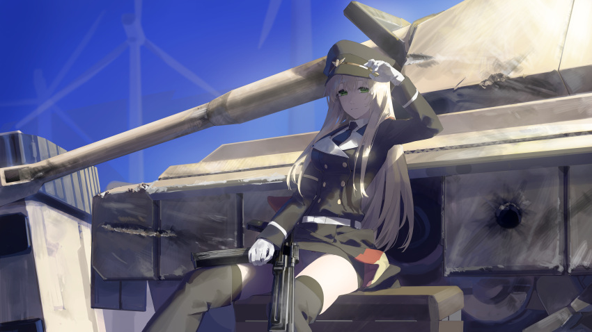 absurdres asimo_(hakurei10201) assault_rifle blonde_hair boots commission commissioner_upload girls'_frontline gloves green_eyes gun highres kneehighs military_uniform military_vehicle motor_vehicle necktie panties rifle skeb_commission socks stg44 stg44_(girls'_frontline) tank underwear uniform weapon white_gloves white_panties wind_turbine