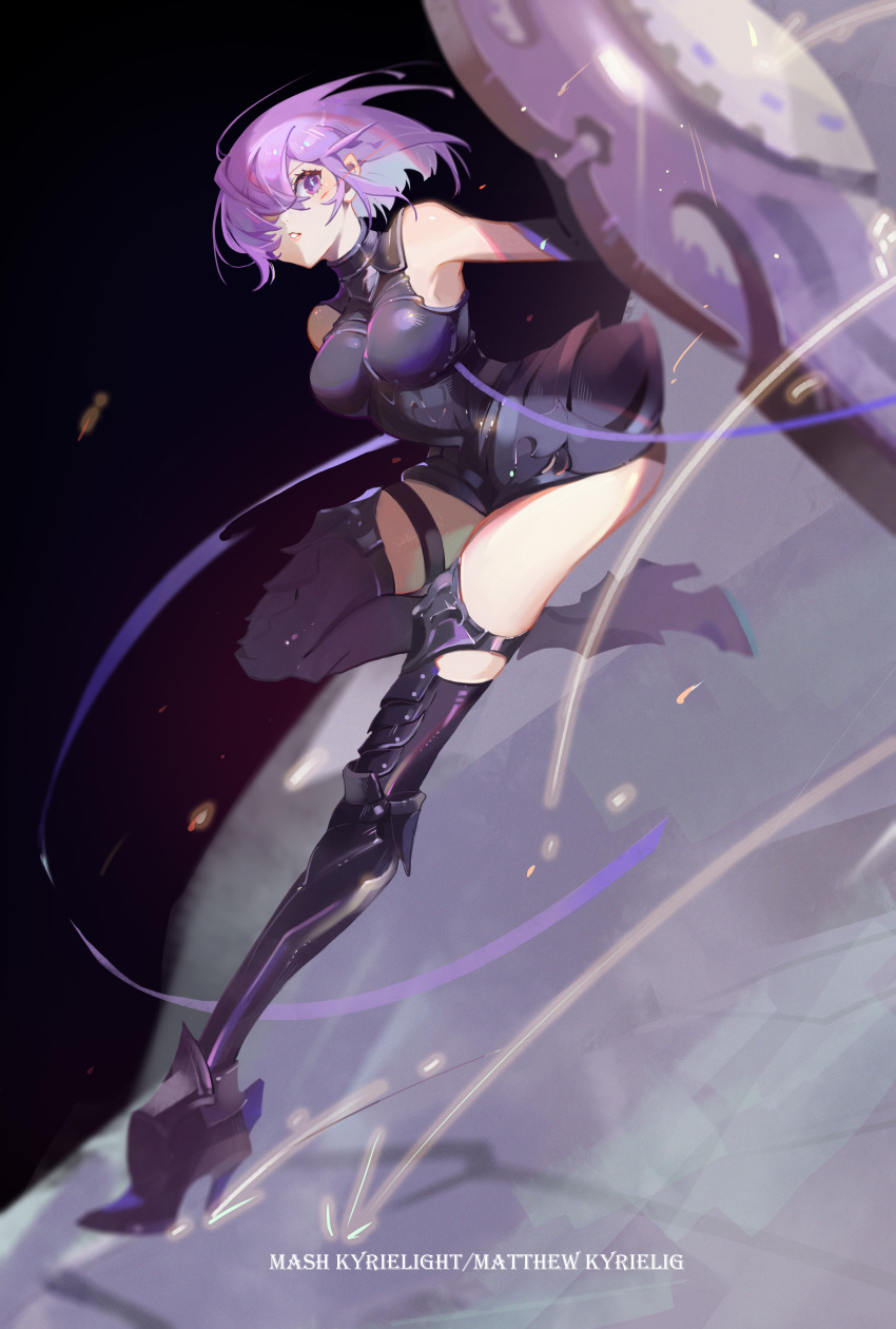 1girl absurdres armor armored_dress asymmetrical_bangs bare_shoulders battle black_dress black_gloves black_thighhighs boobplate boots breasts character_name commentary dark_background determined dress elbow_gloves english_text engrish_text fate/grand_order fate_(series) gloves greaves hair_over_one_eye high_heel_boots high_heels highres holding holding_shield knee_up large_breasts leaning_forward looking_at_viewer mash_kyrielight purple_hair ranguage shield short_dress short_hair solo standing standing_on_one_leg thick_thighs thigh_boots thigh_strap thighhighs thighs ziyi_yoyi