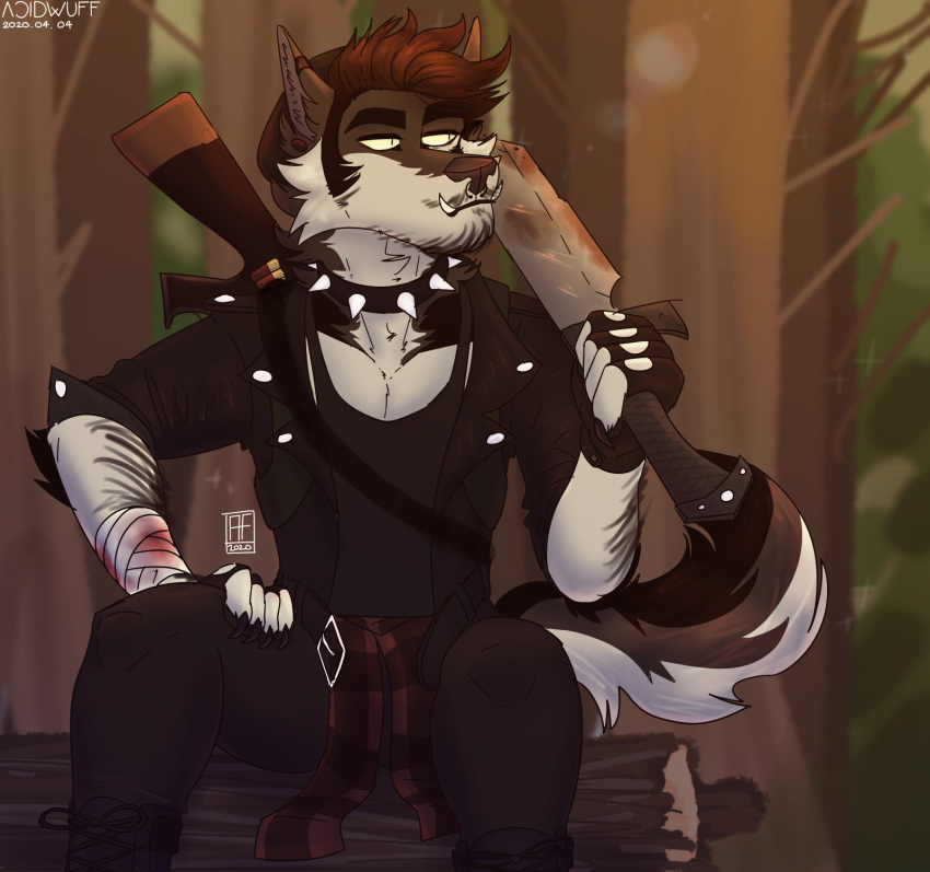 2020 acidwuff anthro arm_hair artist_logo blood blood_on_weapon bodily_fluids body_hair brown_body brown_fur brown_hair cheek_tuft clothed clothing collar dated ear_piercing ear_ring facial_piercing facial_tuft forest front_view fur gauged_ear hair hi_res holding_object holding_weapon log logo male mouth_closed narrowed_eyes neck_tuft nose_piercing outside piercing plant ring_piercing septum_piercing short_hair sitting solo spiked_collar spikes tree tuft weapon white_body white_fur wood