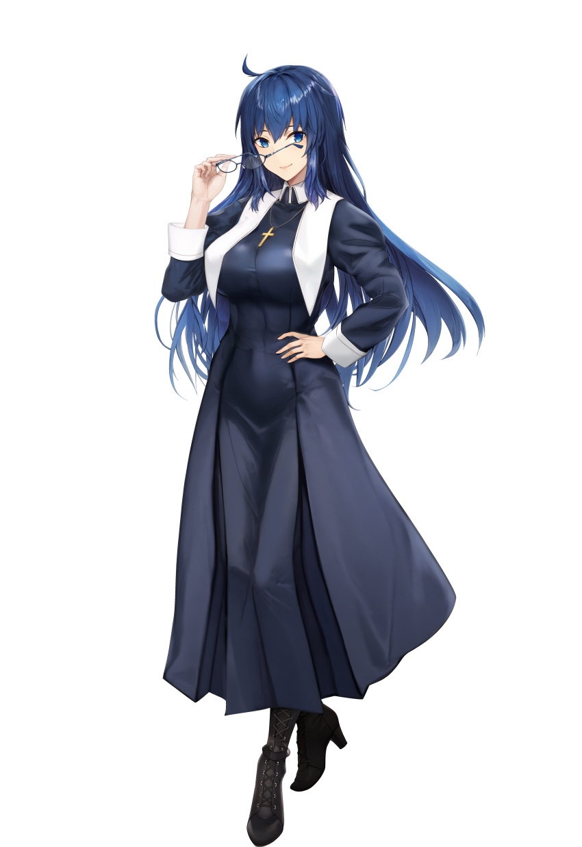 1girl absurdres ahoge alternate_hair_length alternate_hairstyle black_dress black_footwear blue-framed_eyewear blue_eyes blue_hair boots breasts ciel_(tsukihime) closed_mouth commentary_request cross cross_necklace dress full_body glasses habit hair_between_eyes hand_on_own_hip high_heel_boots high_heels highres jewelry large_breasts latin_cross long_hair long_sleeves looking_at_viewer mixed-language_commentary necklace nun removing_eyewear smile solo standing tachi-e tk31 transparent_background tsukihime tsukihime_(remake)