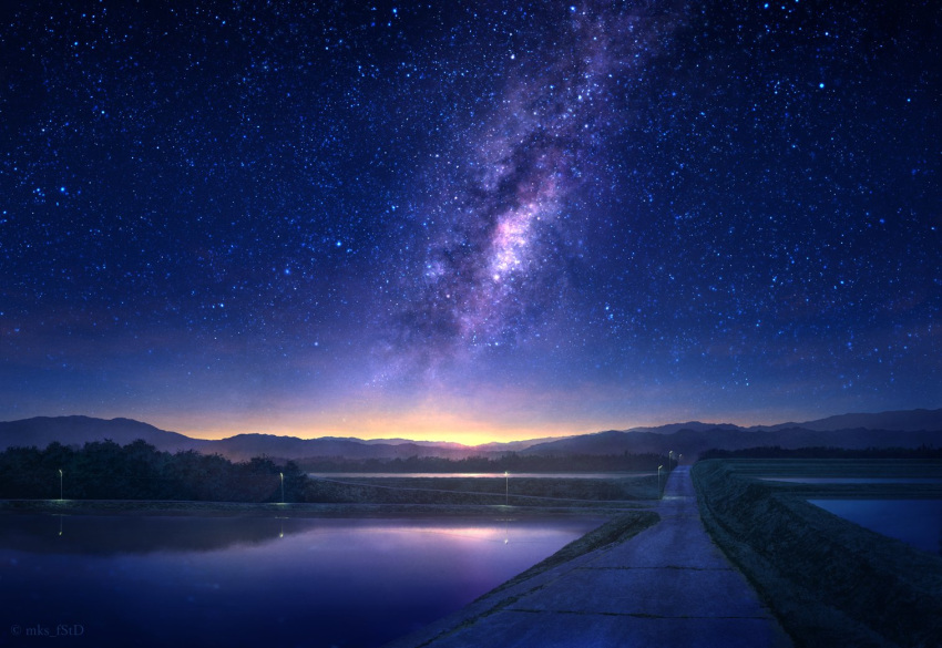 commentary_request evening grass lamppost milky_way mks mountainous_horizon night no_humans original outdoors reflection rice_paddy road rural scenery sky star_(sky) starry_sky sunset tree vanishing_point