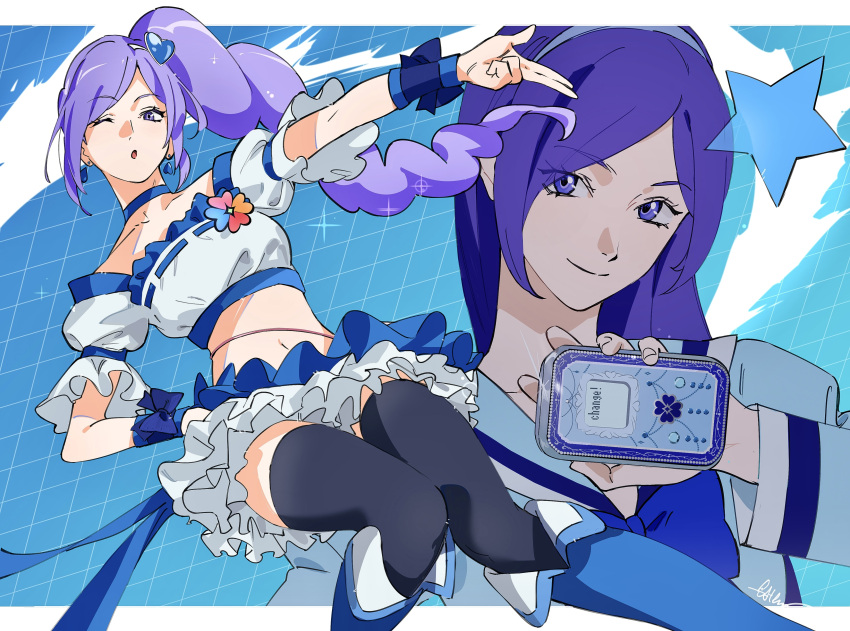 1girl absurdres aono_miki blue_background blue_choker blue_footwear blue_skirt blue_wrist_cuffs boots choker commentary_request cure_berry drill_hair drill_ponytail earrings eyelashes fresh_precure! frilled_shirt frilled_skirt frills hair_ornament hairband happy heart heart_hair_ornament high_ponytail high_side_ponytail highres jewelry long_hair looking_at_viewer magical_girl midriff miniskirt navel one_eye_closed ponytail precure puffy_short_sleeves puffy_sleeves purple_eyes purple_hair roru_(lol_dessin) school_uniform shirt short_hair short_sleeves side_ponytail skirt smile solo thighhighs thighs wrist_cuffs zettai_ryouiki