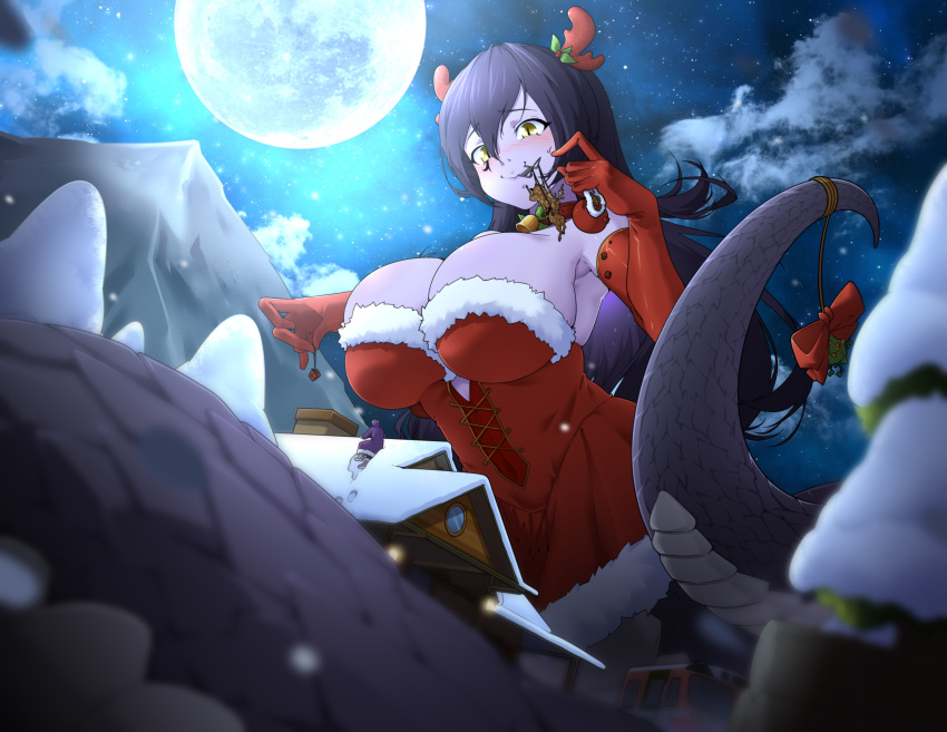 1girl 1other absurdres breasts christmas christmas_tree cloud cloudy_sky colored_skin commission covered_navel full_moon fur_trim giant giantess ground_vehicle hair_spread_out highres huge_breasts indie_virtual_youtuber lamia long_hair monster_girl moon mountain purple_skin reindeer santa_costume scales shizeart size_difference sky snow tree very_long_tail vexoria_the_sun_eater virtual_youtuber vore winter wooden_house yellow_eyes