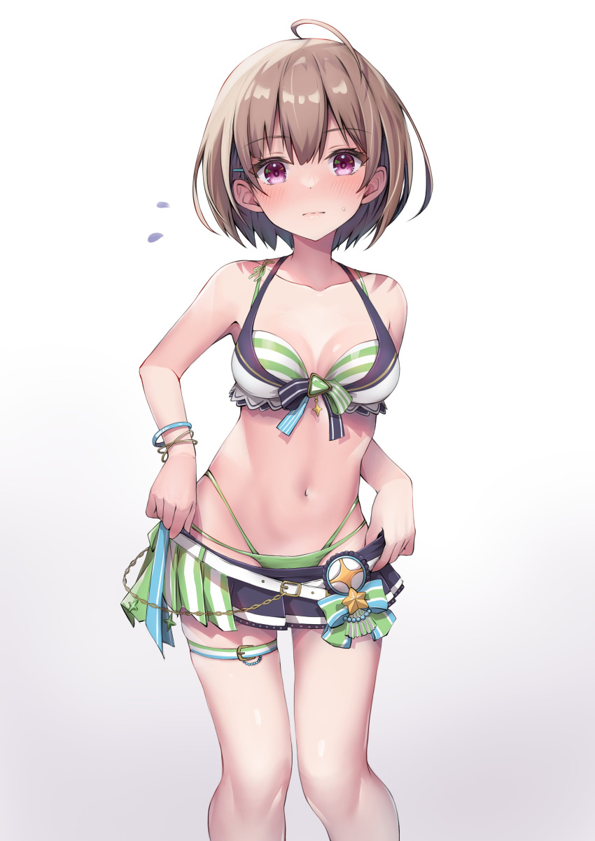 1girl absurdres ahoge bare_shoulders belt bikini bikini_skirt blue_skirt blush breasts brown_hair cleavage closed_mouth commentary dot_nose feet_out_of_frame flying_sweatdrops green_bikini hair_ornament hairclip halterneck harusaki_nodoka high-waist_bikini highleg highleg_bikini highres hololive hololive_summer_2023_swimsuit ist_lei_mikan layered_bikini looking_at_viewer medium_breasts navel official_alternate_costume pink_eyes short_hair simple_background skirt solo standing stomach striped striped_bikini sweatdrop swimsuit symbol-only_commentary thigh_belt thigh_strap virtual_youtuber white_background white_belt