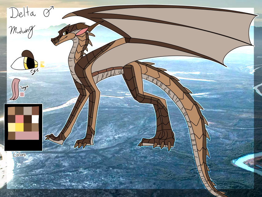 absurd_res brown_body delta_(shuttershock detailed_background dialogue dragon eye_contact gender_symbol hi_res invalid_background looking_at_another male male_symbol mudwing_(wof) name_in_dialogue pink_tongue scalie shuttershock solo symbol tongue western_dragon wings_of_fire yellow_eyes