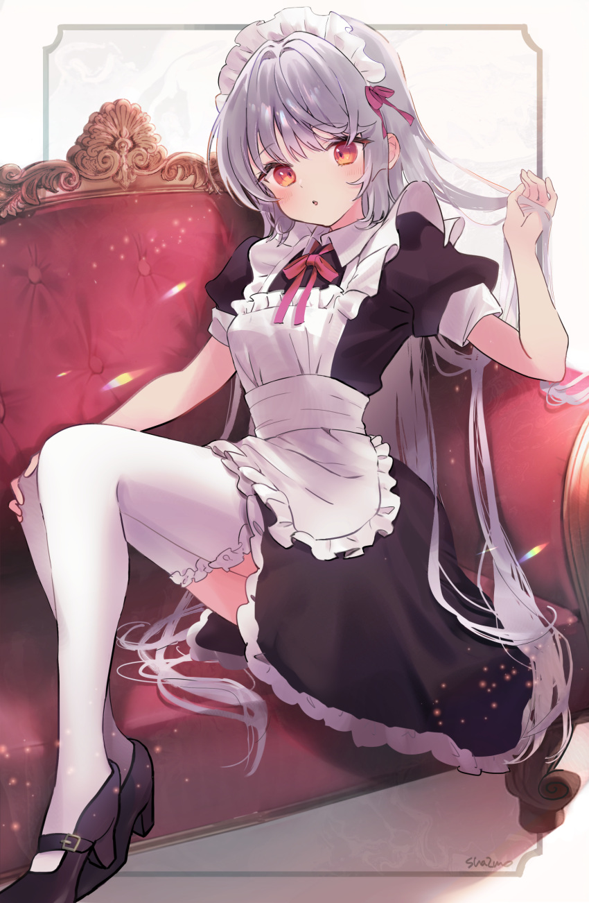 1girl :o absurdres apron black_dress black_footwear breasts commentary_request couch dress frilled_apron frilled_dress frills grey_background grey_hair hand_up high_heels highres holding holding_hair long_hair looking_at_viewer maid maid_headdress on_couch original parted_lips puffy_short_sleeves puffy_sleeves red_eyes sha2mo shoes short_sleeves signature sitting small_breasts solo thighhighs very_long_hair white_apron white_thighhighs