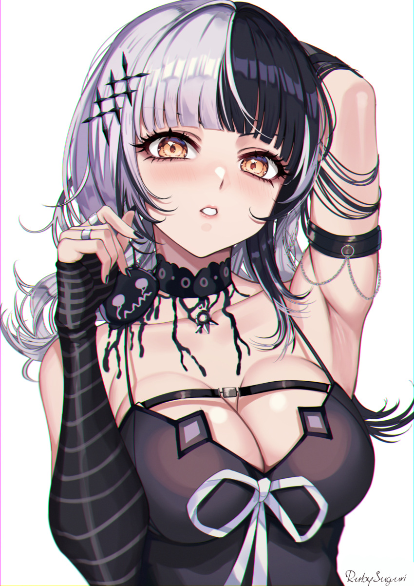 1girl arm_behind_head arm_strap armpits artist_name belt black_belt black_choker black_dress black_hair black_nails blunt_bangs blush breasts chest_belt choker cleavage commentary_request commission dress english_commentary eyelashes fingernails grey_hair hair_ornament hand_up highres hololive hololive_english jewelry lace lace_choker large_breasts long_hair looking_at_viewer mixed-language_commentary multicolored_hair multiple_rings nail_polish parted_lips pixiv_commission ribbon ring ruby_suguri shiori_novella simple_background split-color_hair striped_arm_warmers teeth two-tone_hair upper_body virtual_youtuber white_background white_ribbon yellow_eyes yorick_(shiori_novella)