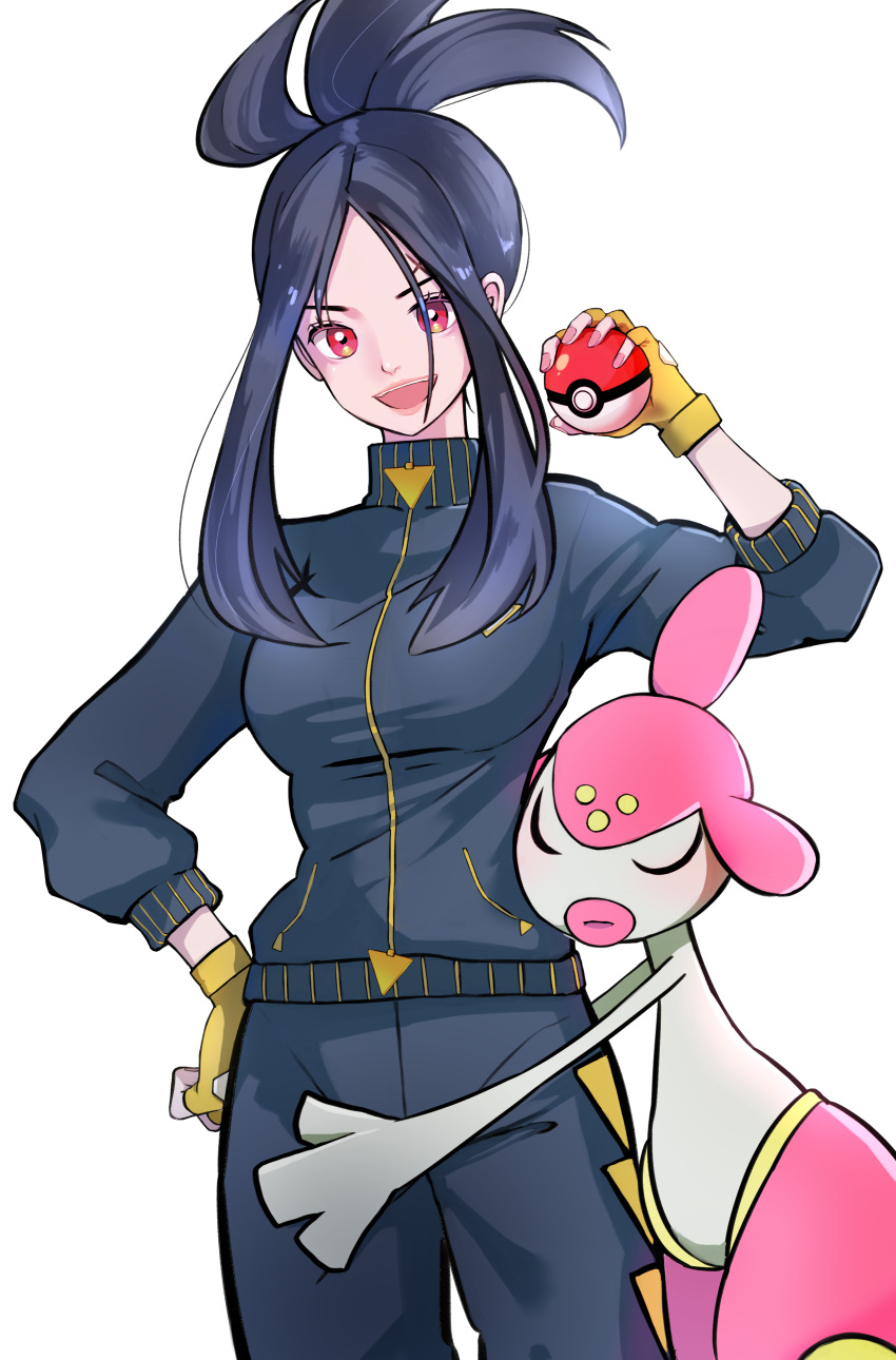 1girl :d absurdres black_hair black_jacket black_pants breasts commentary_request dendra_(pokemon) eyelashes fingerless_gloves gloves hand_on_own_hip highres holding holding_poke_ball jacket medicham open_mouth pants poke_ball poke_ball_(basic) pokemon pokemon_(creature) pokemon_(game) pokemon_sv ponytail red_eyes sidelocks simple_background sleeves_past_elbows smile tsutaya_kuni white_background yellow_gloves zipper_pull_tab