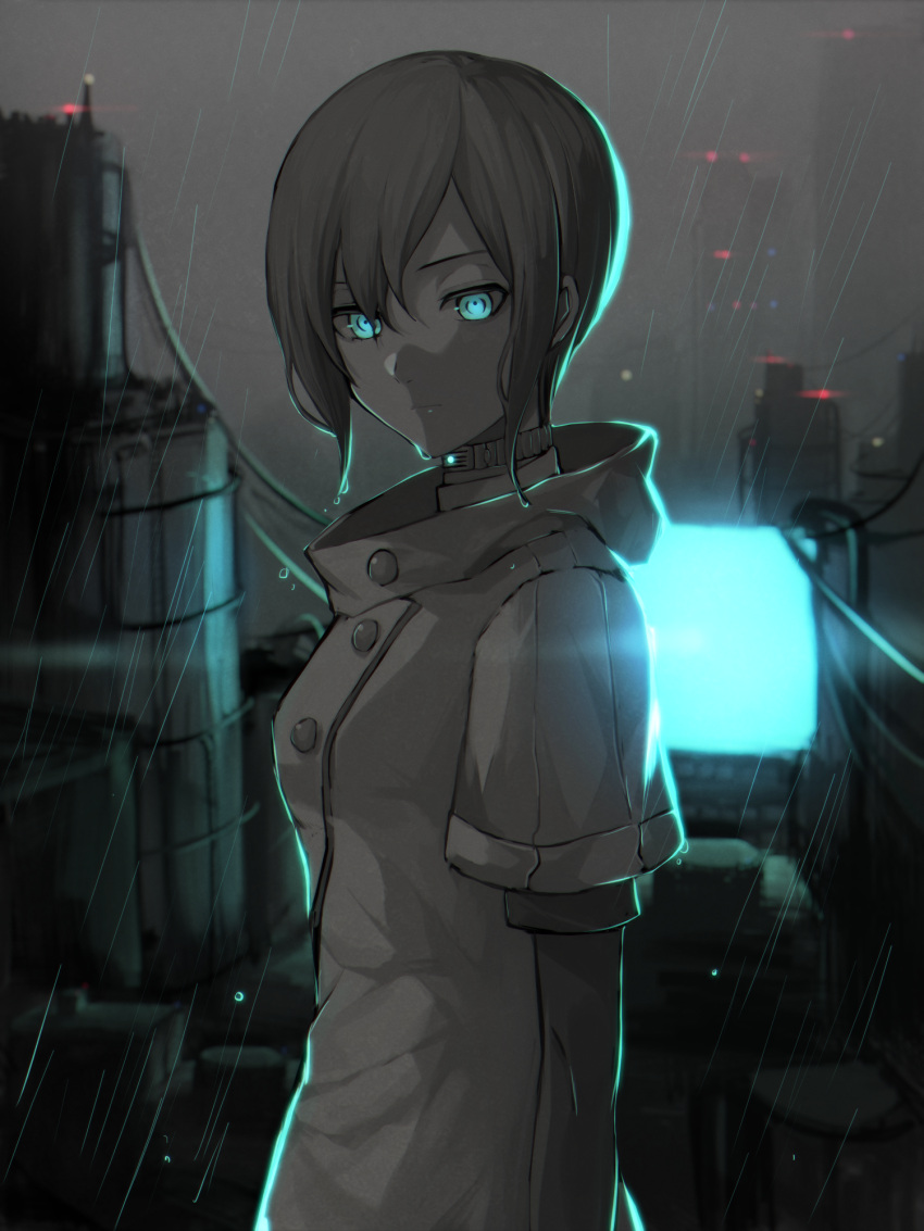 accessory_(freedom_wars) blue_eyes blue_light building coat freedom_wars highres rain short_hair takashima_saki white_coat